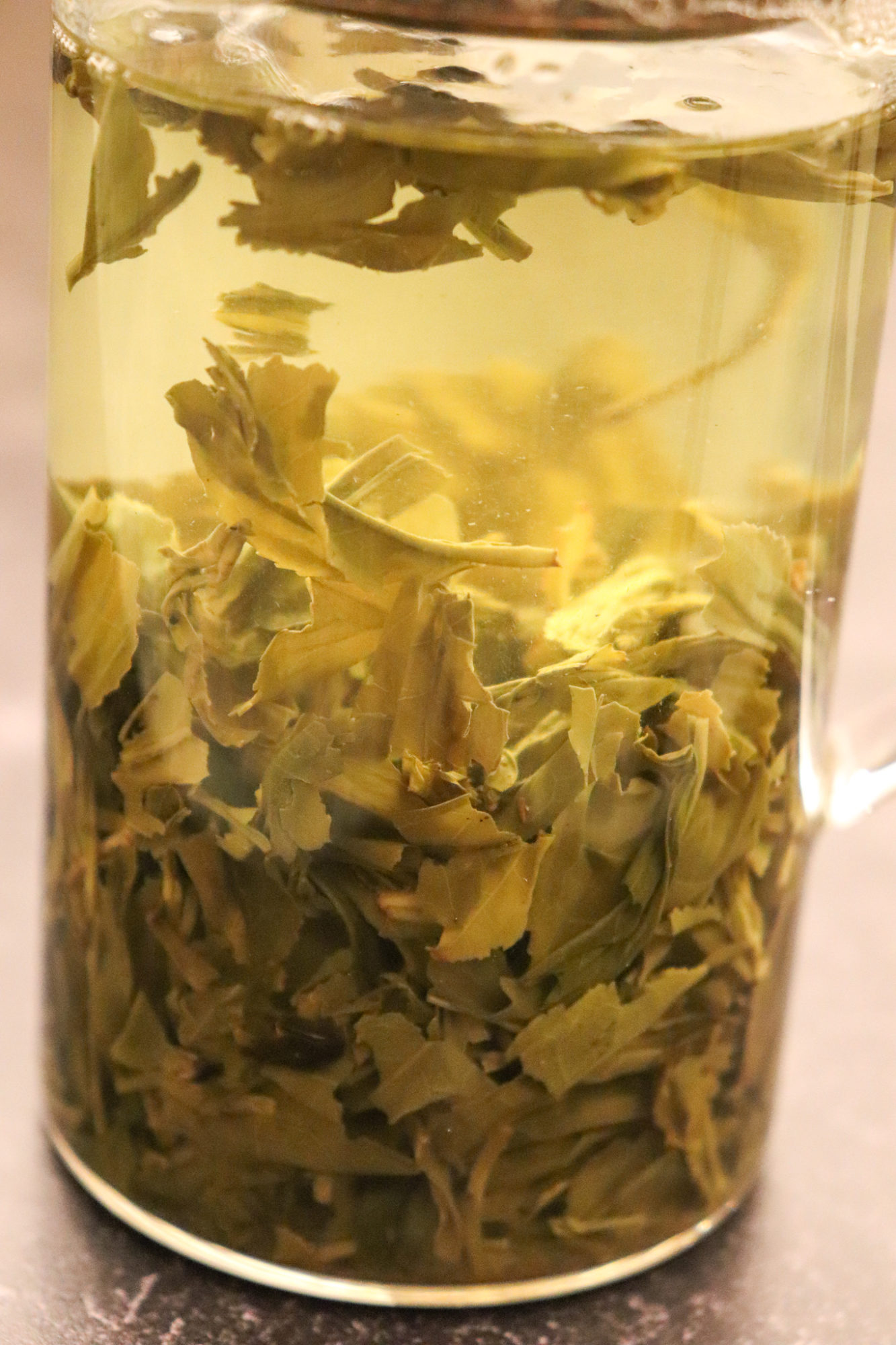 The Tea Spot Clouds & Mist - leaves brewing in glass