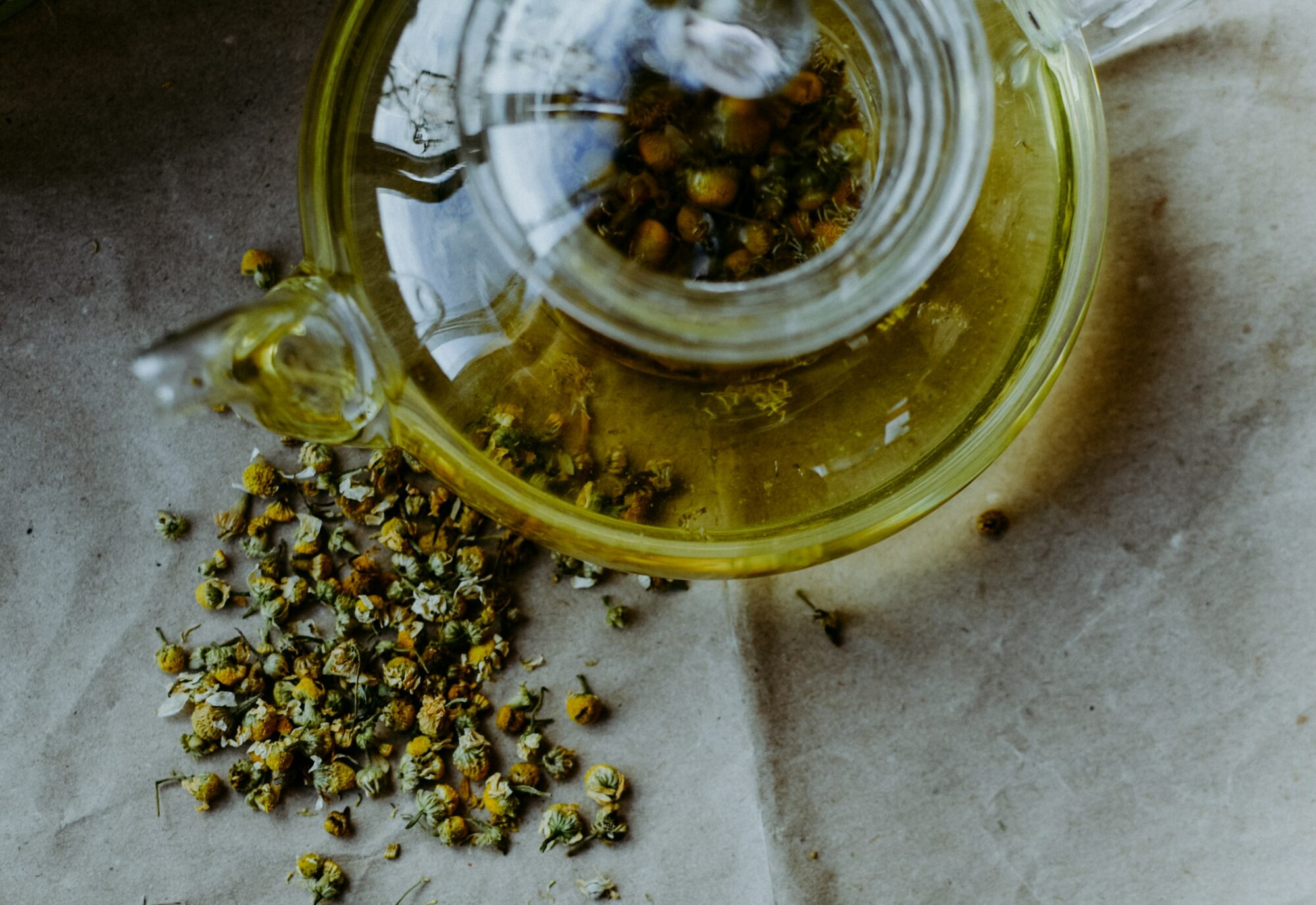 Does all tea come from the same plant? Chamomile flowers brewing in a glass teapot