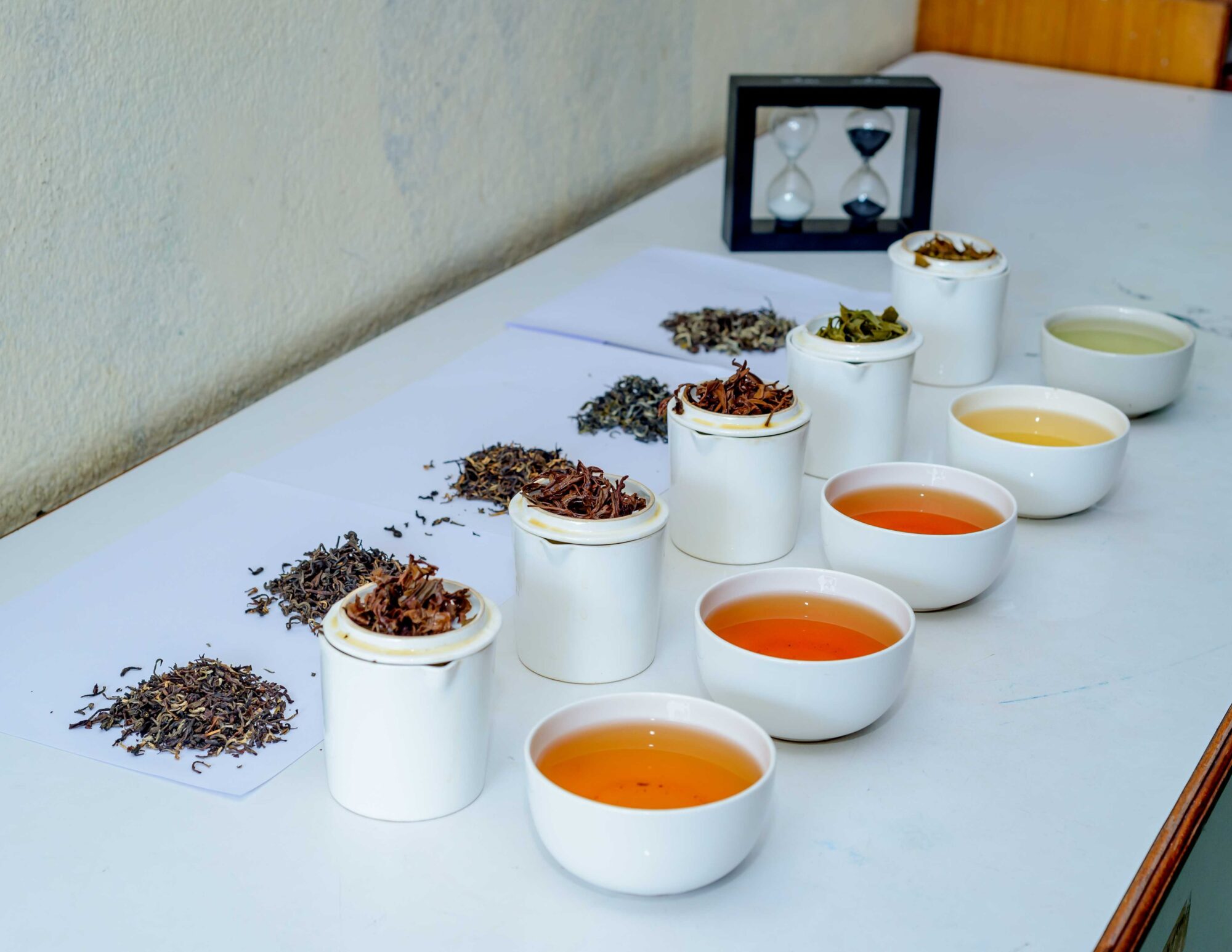 Celebrating 10 Years of World Tea Academy - prfessional tasting sets with a variety of tea leaves lined up on a white table with an hourglass in the background